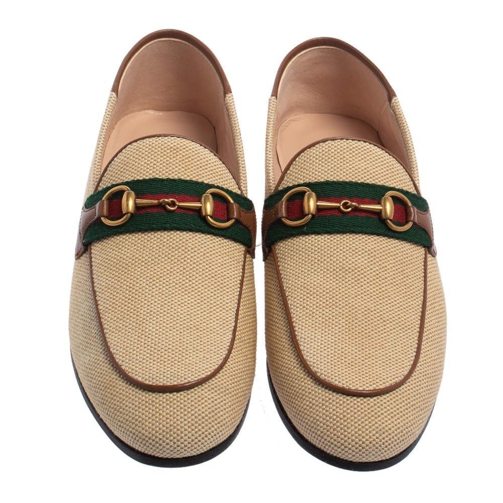 Gucci Beige Brown Canvas and Leather Horsebit Brixton Charlotte Loafers Size 35 - Picture 3 of 13